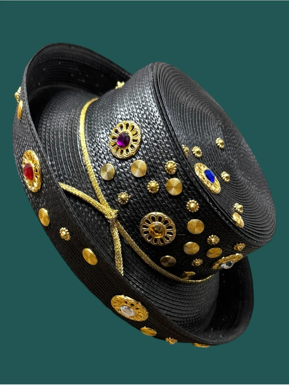 Vintage black Embellished Straw Wide-Brim Hat with Gold Accents